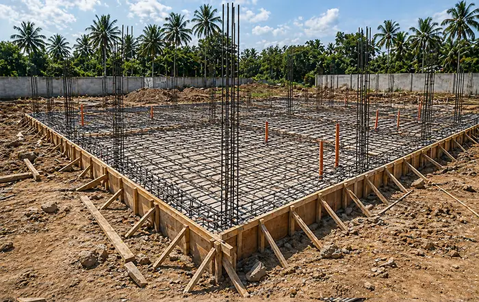 Foundation construction phase showing rebar and concrete